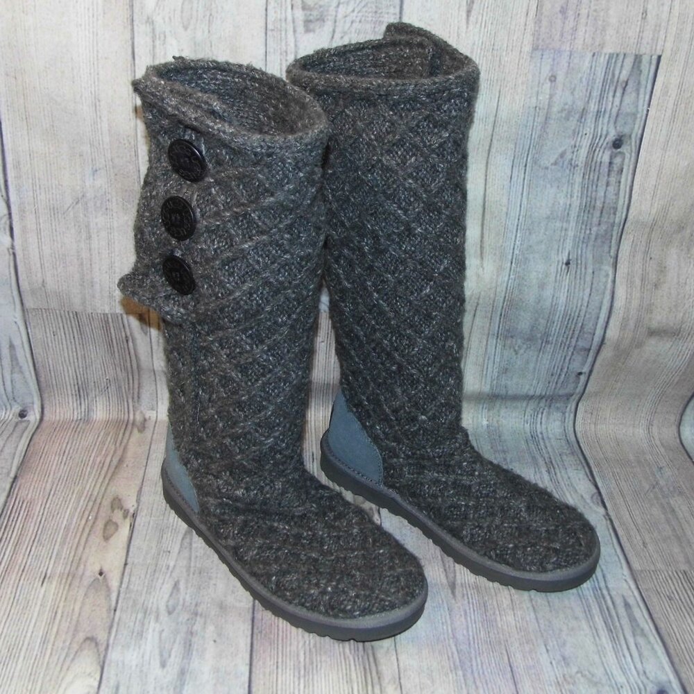 UGG Lattice Cardy Grey Knit/Sheepskin Footbed Boots Womens Size 8